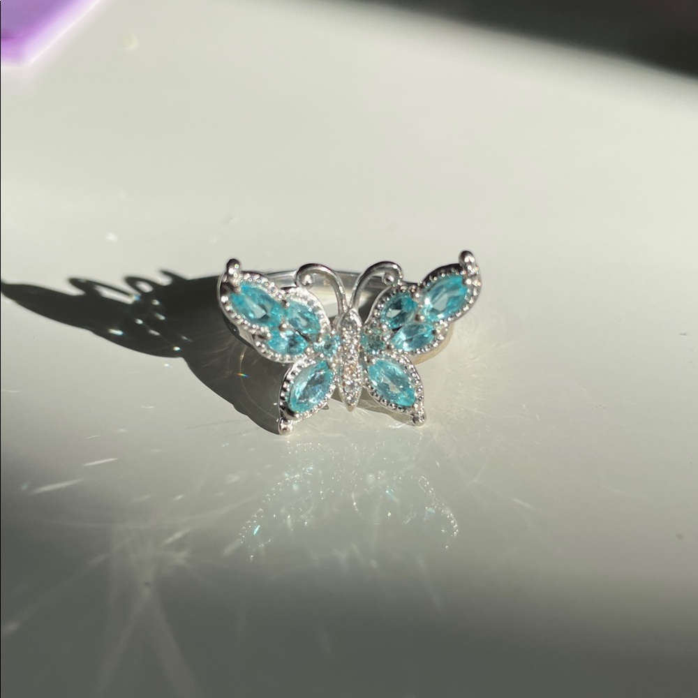 Silver Butterfly Ring with Blue Apatite